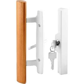 Prime-Line C 1316 Sliding Door Handle Set, Wood Handle, White Diecast, Keyed