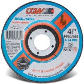 CGW Abrasives 35613 Depressed Center Wheel 4-1/2" x 1/8" x 5/8- 11 INT T27 24 Grit Aluminum Oxide