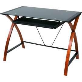 OneSpace 50-JN15K05 Glass and Wood Computer Desk with Pullout Keyboard Tray, Black