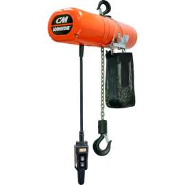 CM Lodestar 1/2 Ton, Electric Chain Hoist W/ Chain Container, 20' Lift, 16 FPM, 115V