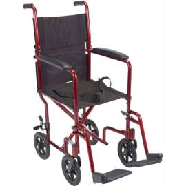 Lightweight Aluminum Transport Wheelchair, Red Frame, 17" Seat Width