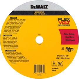 DeWALT FLEXVOLT Cutoff Wheel, Ceramic, 6,600 RPM, Type 1, 9"Dia. x 5/64"T x 7/8"Arbor