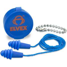 Elvex Quattro Reusable Earplugs with Chain & Case, NRR 27, Corded, 50 Pairs/Box