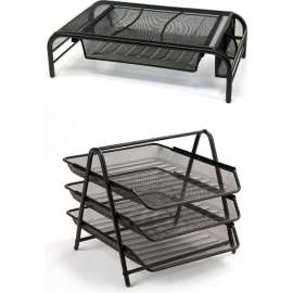 Mind Reader Metal Mesh Monitor Stand with Drawer Organizer and 3-Tier Steel Mesh Paper Tray,Black