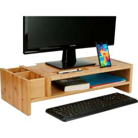 Mind Reader Bamboo Monitor Stand Riser with Storage, Brown