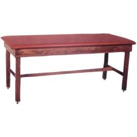Wooden Treatment Table with H-Brace, Blue Upholstery, Natural Frame, 72"L x 30"W x 30"H