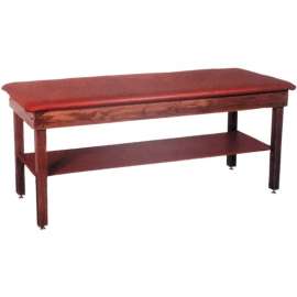 Wooden Treatment Table with Shelf, Blue Upholstery, Natural Frame, 72"L x 30"W x 30"H