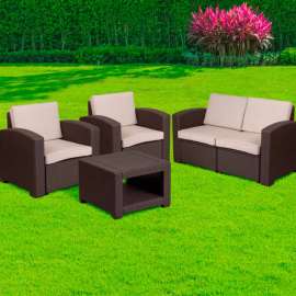 Flash Furniture 4 Piece Faux Rattan Outdoor Patio Set, Chocolate Brown w/ Beige Cushions