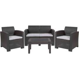 Flash Furniture 4 Piece Faux Rattan Patio Sofa Set, Dark Gray w/ Light Gray Cushions