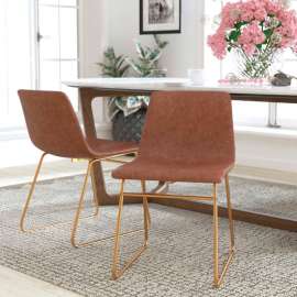 Flash Furniture 18" Mid-Back Sled Base LeatherSoft Dining Chair w/ Gold Frame, Light Brown, Set of 2