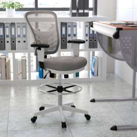 Flash Furniture Ergonomic Drafting Chair with Adjustable Foot Ring and Adjustable Arms - Gray/White
