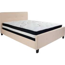 Flash Furniture Tribeca Tufted Upholstered Platform Bed, Beige With Pocket Spring Mattress, Queen