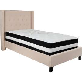 Flash Furniture Riverdale Tufted Upholstered Platform Bed, Beige, Pocket Spring Mattress, Twin