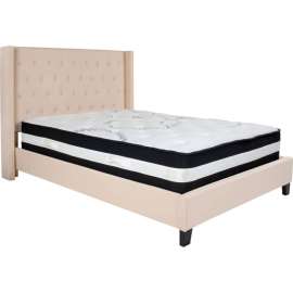 Flash Furniture Riverdale Tufted Upholstered Platform Bed, Beige, Pocket Spring Mattress, Full