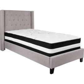 Flash Furniture Riverdale Tufted Upholstered Platform Bed, Light Gray, Pocket Spring Mattress, Twin