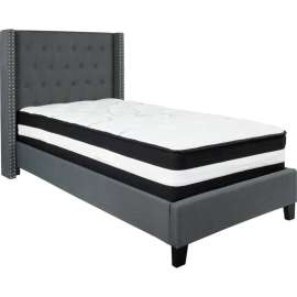 Flash Furniture Riverdale Tufted Upholstered Platform Bed, Dark Gray, Pocket Spring Mattress, Twin