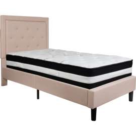 Flash Furniture Roxbury Tufted Upholstered Platform Bed, Beige, With Pocket Spring Mattress, Twin