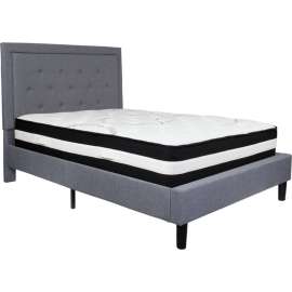 Flash Furniture Roxbury Tufted Upholstered Platform Bed Light Gry, With Pocket Spring Mattress, Full