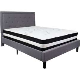 Flash Furniture Roxbury Tufted Upholstered Platform Bed, Lgt Gry, With Pocket Spring Mattress, Queen