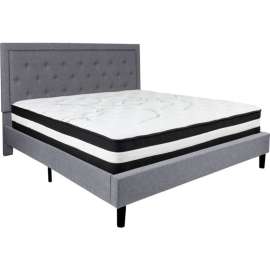 Flash Furniture Roxbury Tufted Upholstered Platform Bed Light Gry, With Pocket Spring Mattress, King