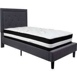 Flash Furniture Roxbury Tufted Upholstered Platform Bed, Dark Gry, With Pocket Spring Mattress, Twin