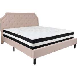Flash Furniture Brighton Tufted Upholstered Platform Bed, Beige, With Pocket Spring Mattress, King