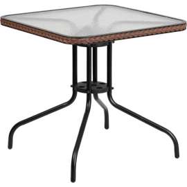 Flash Furniture 28" Square Tempered Glass Metal Table with Dark Brown Rattan Edging
