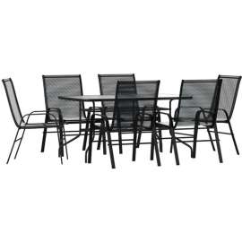 Flash Furniture Brazos 7 Piece Outdoor Patio Table w/ Umbrella Hole & Stack Chairs , Black