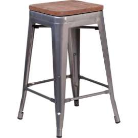 Flash Furniture 24"H Backless Clear Coated Metal Counter Height Stool with Square Wood Seat