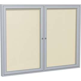 Ghent Enclosed Bulletin Board, Outdoor, 2 Door, 60"W x 36"H, Ivory Vinyl/Silver Frame