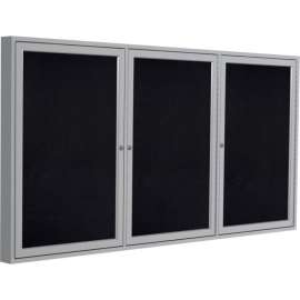 Ghent Enclosed Bulletin Board, 3 Door, 72"W x 48"H, Black Recycled Rubber/Silver Frame