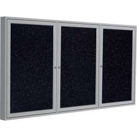 Ghent Enclosed Bulletin Board, 3 Door, 72"W x 36"H, Confetti Recycled Rubber/Silver Frame