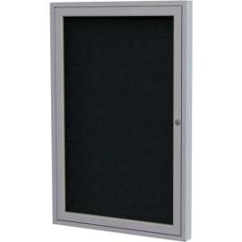 Ghent Ovation Enclosed Bulletin Board, 1 Door, 30"W x 36"H, Black Fabric/Silver Frame