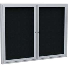 Ghent Enclosed Bulletin Board, 2 Door, 60"W x 48"H, Black Fabric/Silver Frame