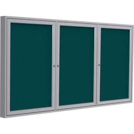 Ghent Enclosed Bulletin Board, 3 Door, 72"W x 36"H, Blue Fabric/Gray Frame