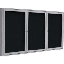 Ghent Enclosed Bulletin Board, 3 Door, 72"W x 36"H, Black Fabric/Gray Frame