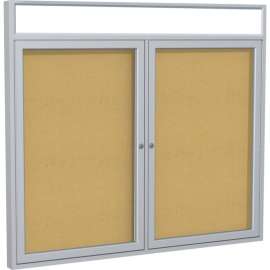 Ghent Enclosed Bulletin Board w/Headliner Top, 60"W x 48"H, Natural Cork w/Silver Frame