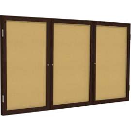 Ghent Enclosed Bulletin Board, 3 Door, 72"W x 36"H, Natural Cork/Walnut Frame