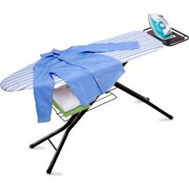 4 Leg Ironing Board w/Iron Rest, Pad-White/Blue Stripes Black Base, PP Plastic/Steel/Foam/Cotton