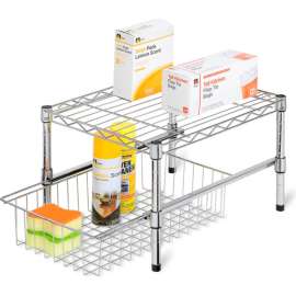 Honey-Can-Do Height Adjustable Shelf With Sliding Basket, 11-3/4"L x 17-1/2"W x 1-1/2"H Chrome