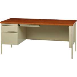 Hirsh Industries Steel Desk - Single Left Pedestal - 30" x 66" - Putty/Oak - HL10000 Series