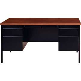Hirsh Industries Double Pedestal Steel Desk, 30" x 60", Black/Walnut Finish
