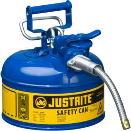 Justrite Type II AccuFlow Steel Safety Can, 1 Gal., 5/8" Metal Hose, Blue, 7210320