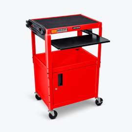 Luxor Adjustable-Height Steel AV Cart with Pullout Keyboard Tray and Cabinet, Red, 24" to 42"H