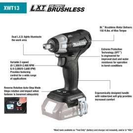 Makita Cordless 1/2" Sq. Drive Impact Wrench Tool, 18V LXT Li-Ion, Sub-Cmpt Brushless
