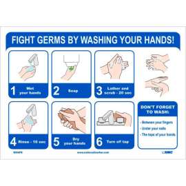 Fight Germs By Washing Your Hands Sticker, 10" X 14", Vinyl Adhesive