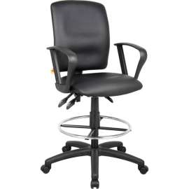 Boss Multifunction Drafting Stool with Fixed Arms - Leather - Black