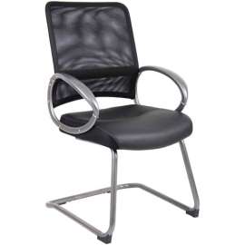 Boss Mesh Reception Guest Chair with Arms - Leather - Black