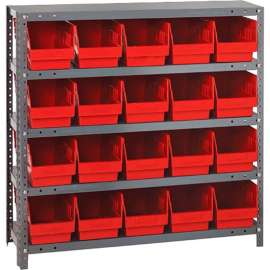 Quantum Storage Systems 1239-202 Steel Shelving With 20 6"H Shelf Bins Red, 36x12x39-5 Shelves