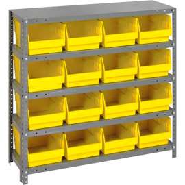 Quantum Storage Systems 1239-207 Steel Shelving With 16 6"H Shelf Bins Yellow, 36x12x39-5 Shelves